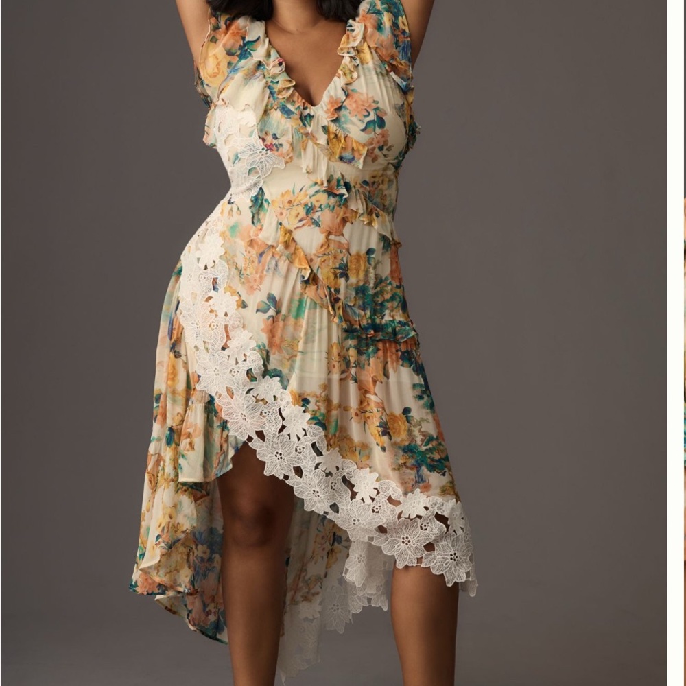 Anthropologie Floral High Low Dress with Lace